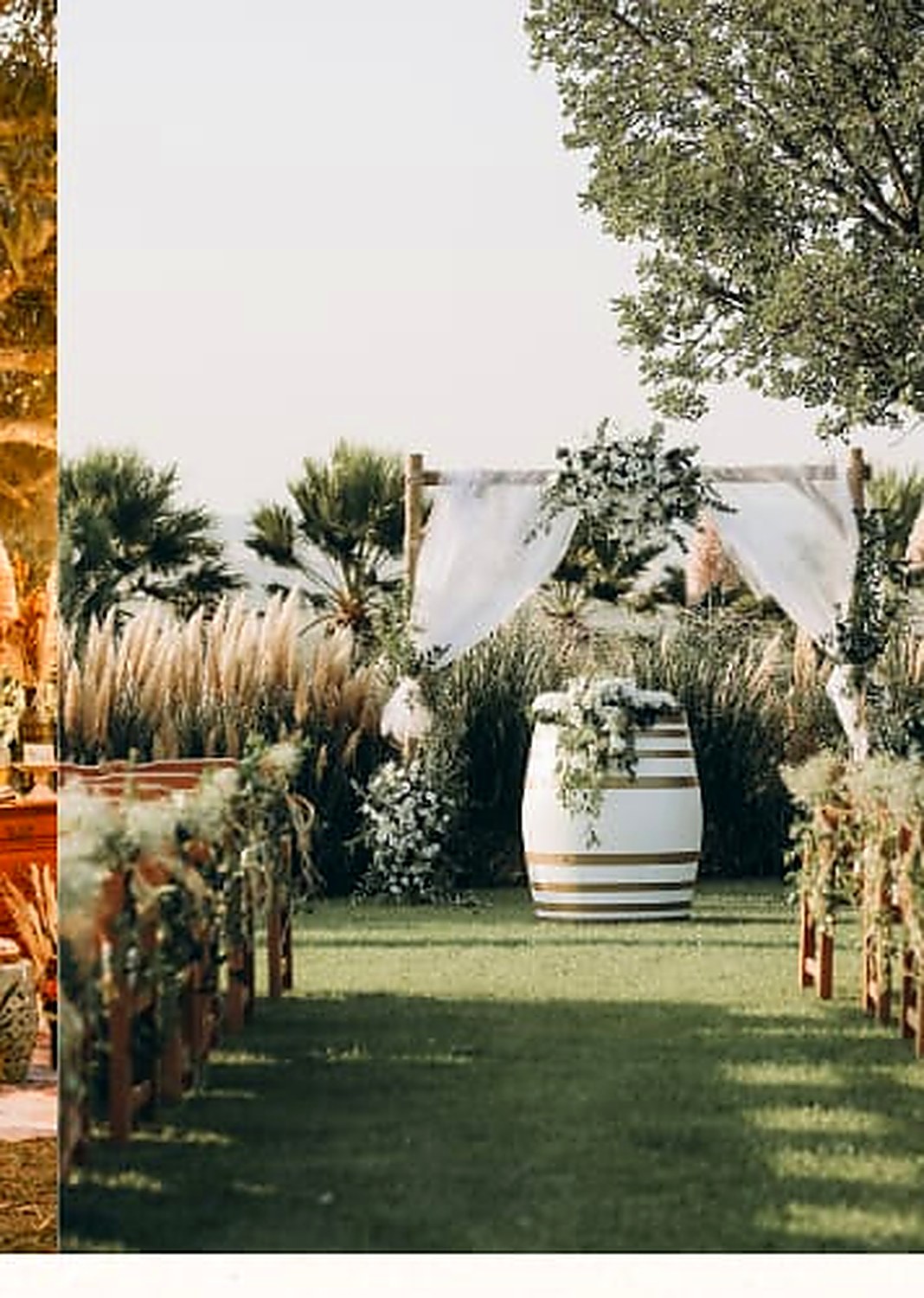 Garden ceremony arch dressed in white drapery and florals
