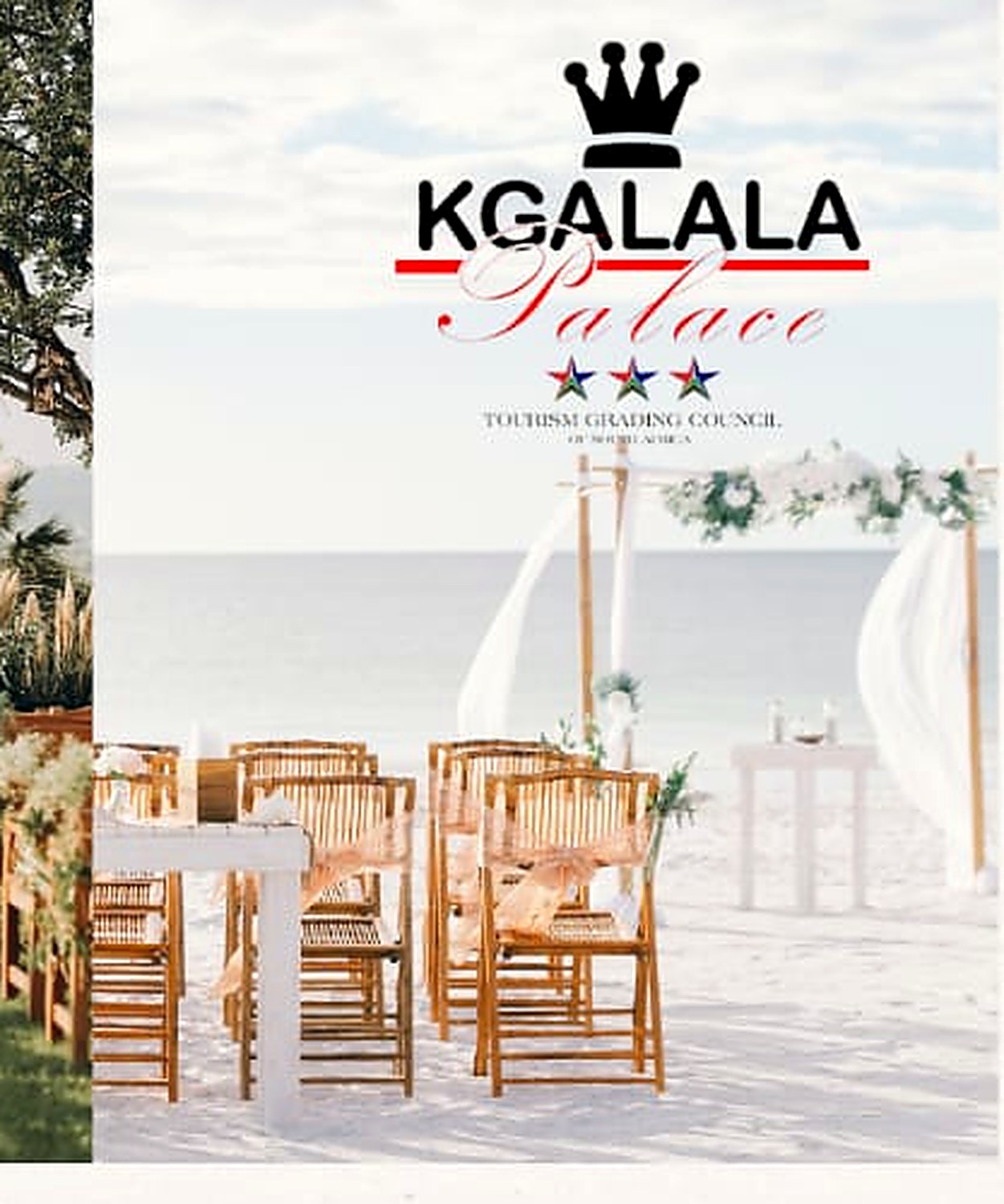 Poolside wedding ceremony seating dressed in white at Kgalala Palace