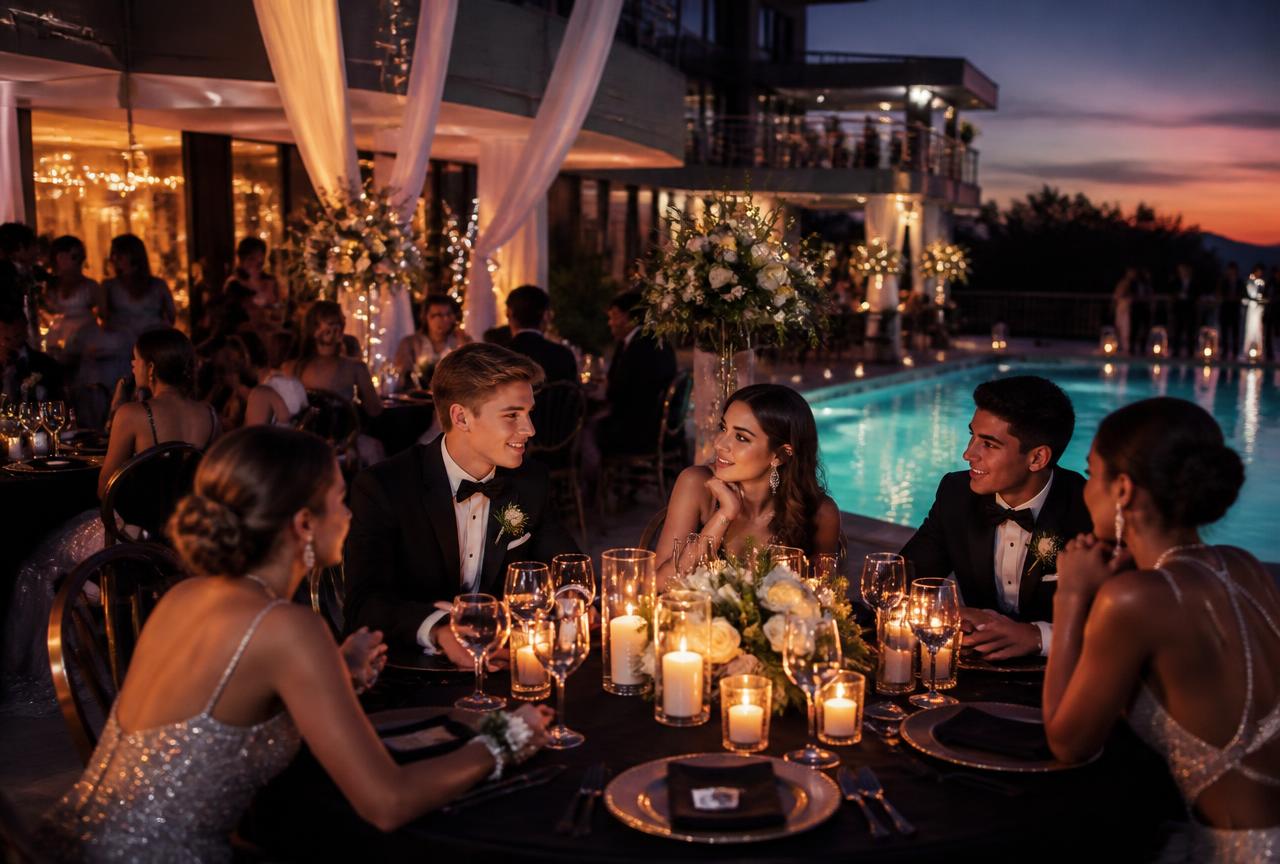 Matric dance evening table setting beside the pool at Kgalala Palace